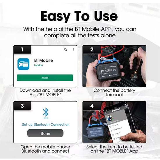 TOPDON BTMobile Lite Bluetooth Car Battery Tester 12V Wireless Cranking Charger Circut Tester Auto Analyzer Vehicle 100-2000CCA