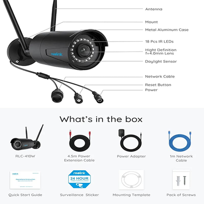 Reolink rlc 410wa Wifi peo camera 4mp with one way audio bullet camera box pack with complete accessories