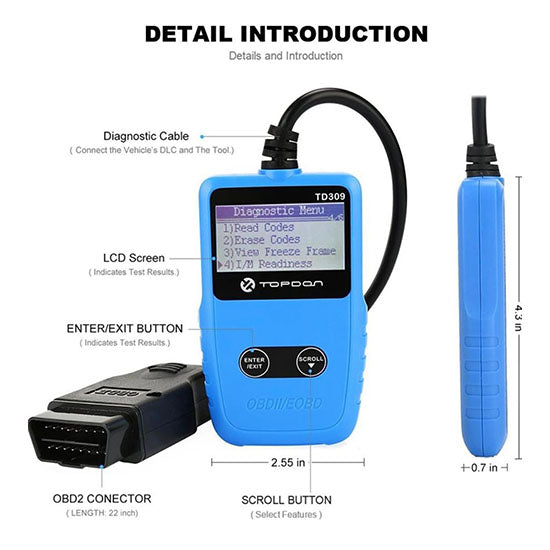 OBD2 Scanner,TOPDON EOBD2 Scan Tool TD309 Automotive Trouble Code Read and Clear, Retrieving I/M readiness, View VIN and Freeze Frame Data (Packed)