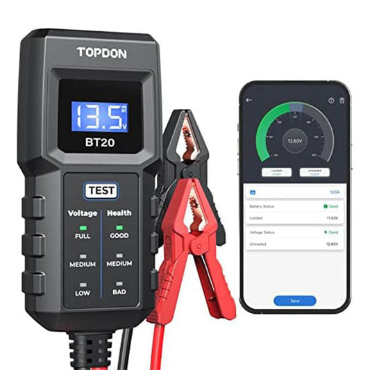 TOPDON BT20 Car Battery Tester, 12V Lead Acid Battery Charge Tester, Voltage Tester, Start, Charge, Real-time Voltage Monitoring, Test Report, Multiple