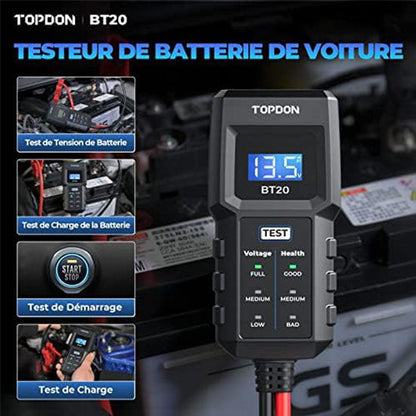 TOPDON BT20 Car Battery Tester, 12V Lead Acid Battery Charge Tester, Voltage Tester, Start, Charge, Real-time Voltage Monitoring, Test Report, Multiple